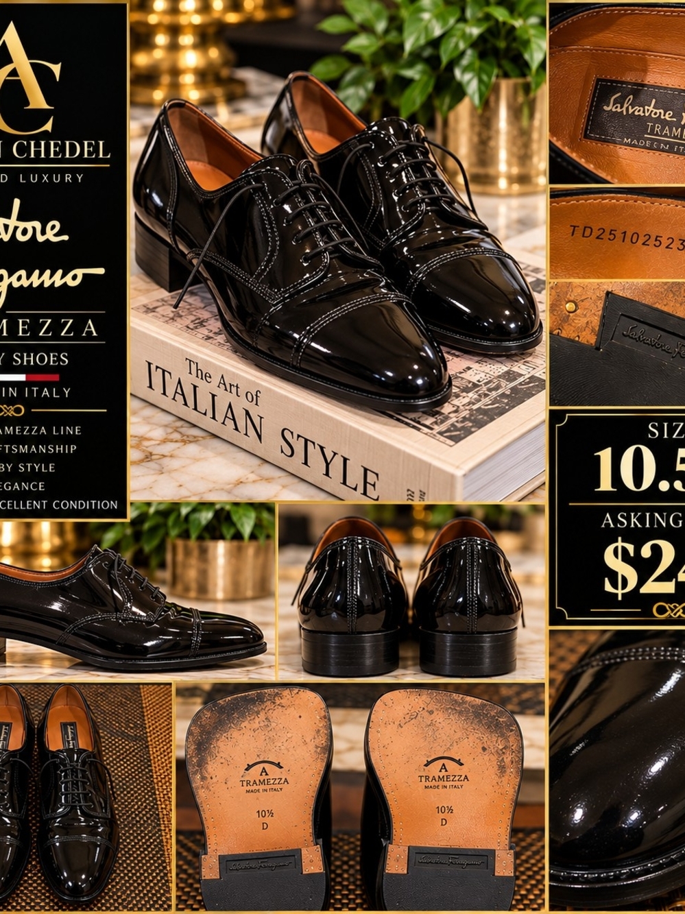 Salvatore Ferragamo Black Patent Leather Cap-Toe Oxfords - Men